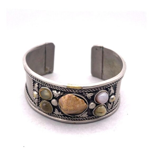 Gemstone Cabochons Wide Cuff Bracelet tribal ethnic Silver Tone Vintage - Picture 1 of 4